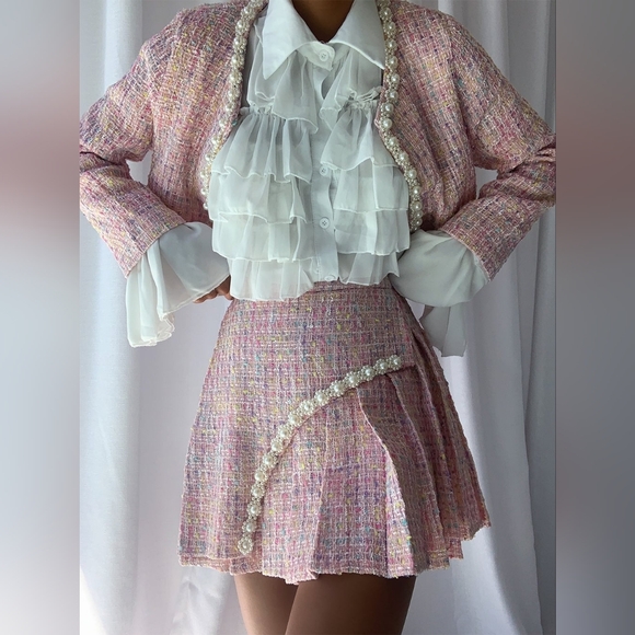 Set Chanelish Le Rose Pink Tweed Jacket And Skirt - Picture 10 of 16